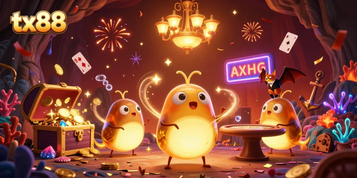 Experience the excitement of tx88 with our vibrant animated casino illustration featuring glowworms and a bat dealer.