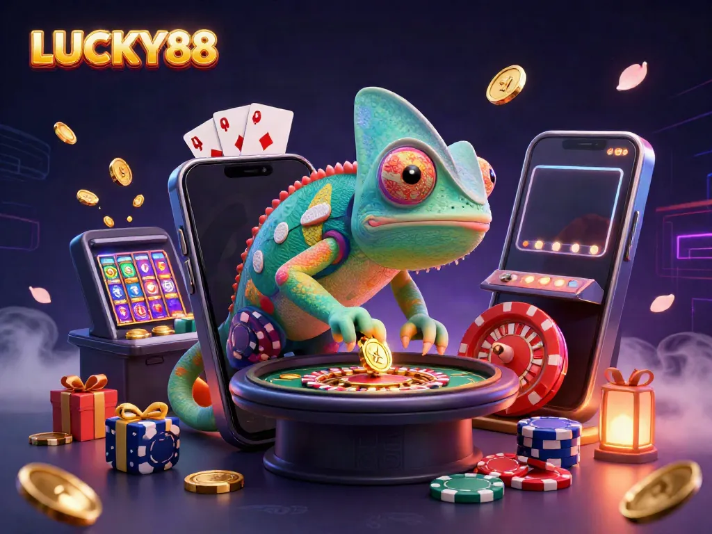 Experience the vibrant world of LUCKY88 with a colorful chameleon casino owner amidst dynamic gambling elements.