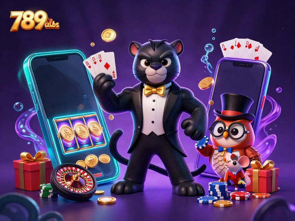 Play games with 789clubs while a cartoon panther deals cards and a lucky owl holds poker chips.