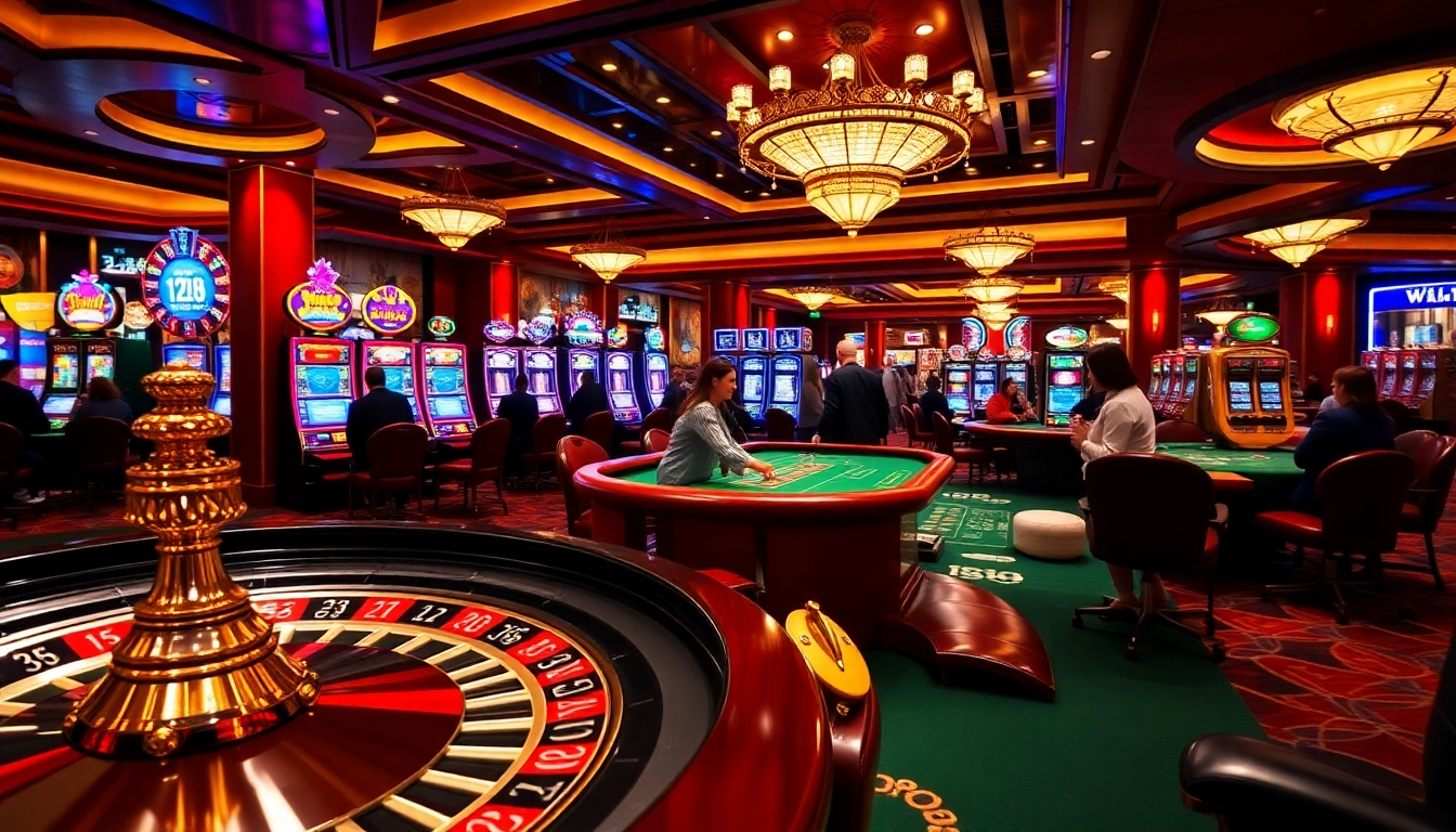 Players enjoying a thrilling game at 123Win casino surrounded by vibrant slot machines and roulette wheels.