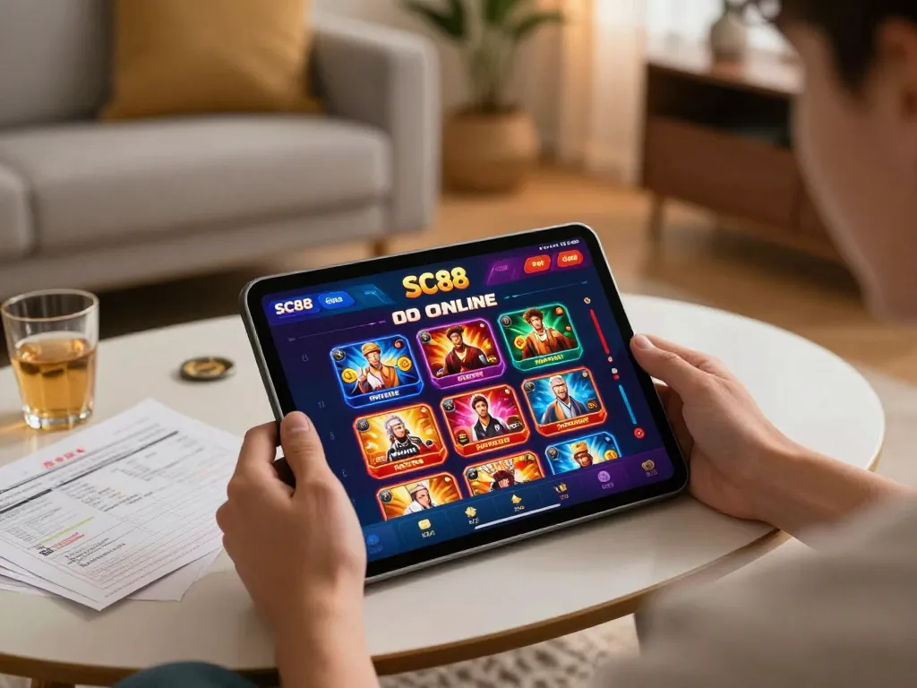 Engaging moment of a player using SC88 com app for online gambling at home