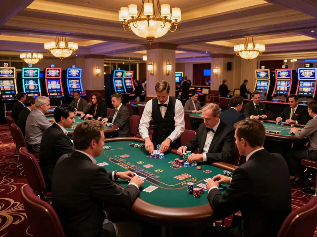 Players enjoying blackjack at an upscale casino floor, showcasing the dynamic action of o8.