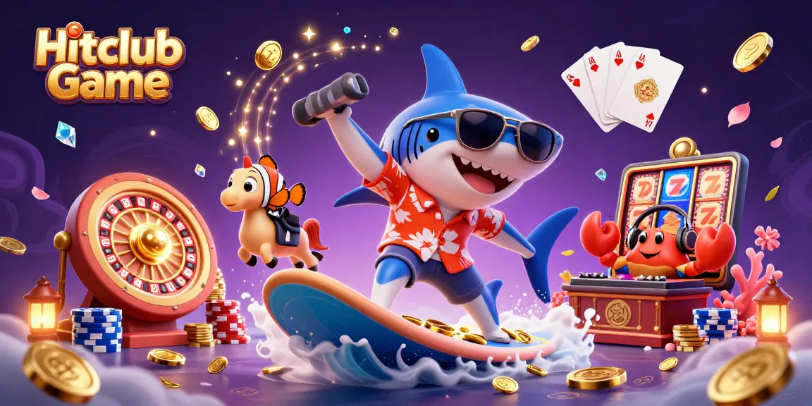 Hitclub Game showcases vibrant casino elements with a playful hammer-head shark and casino-themed characters.
