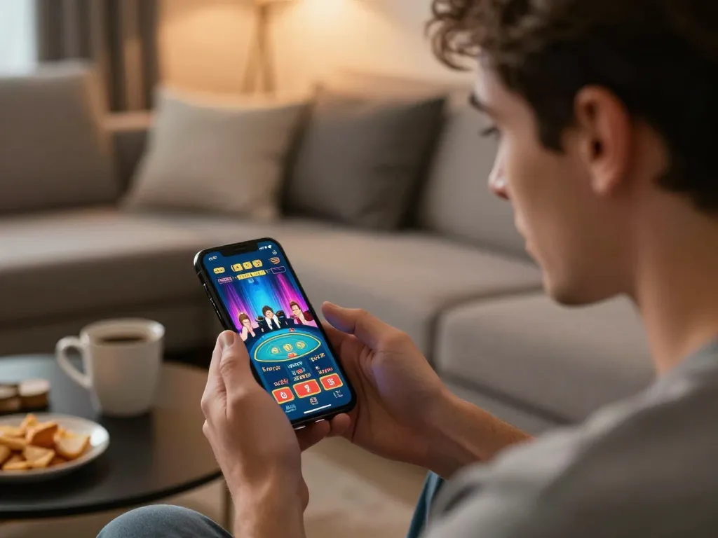 Player engaging in mobile gambling on five88cd app in a cozy home environment