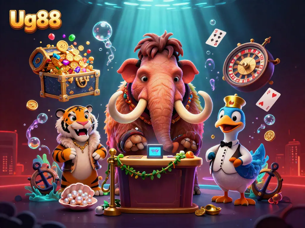 Ug88 casino scene with a woolly mammoth bouncer and VIP saber-tooth tiger amidst slot reels and jewels.
