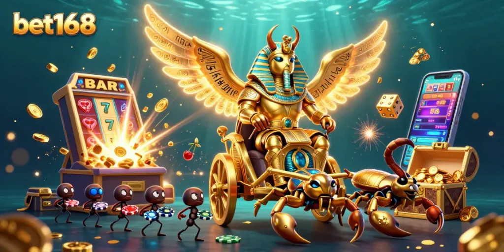 Bet168's thrilling 3D casino scene showcases a golden scarab beetle amidst jackpots, enhancing your gaming experience.