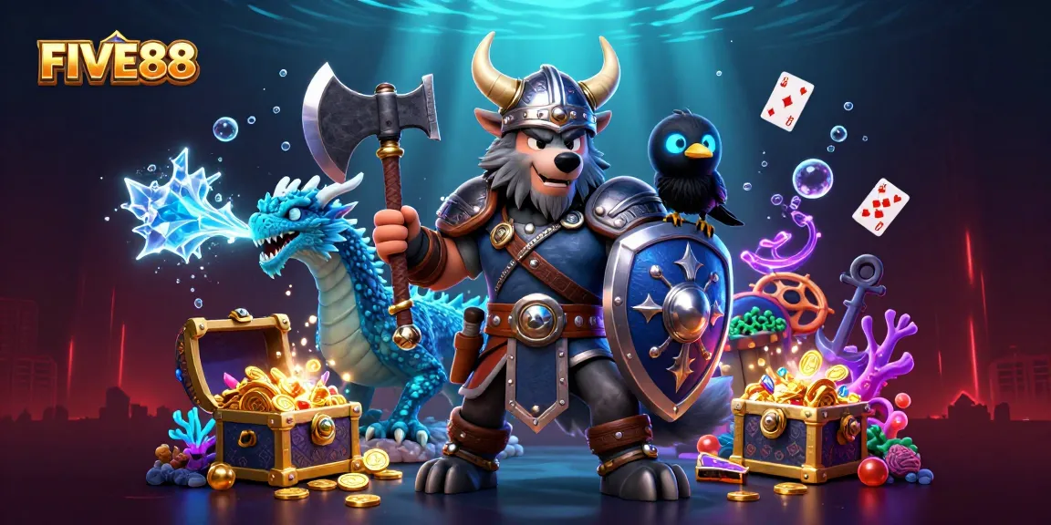 Engage exciting gameplay at FIVE88 with a cartoon Viking warrior, dragon, and gems in vibrant casino scene.