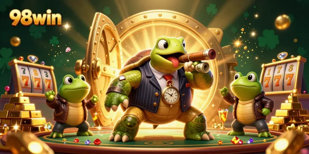 Engage in thrilling gaming action at 98win with a vibrant illustration of a casino scene.