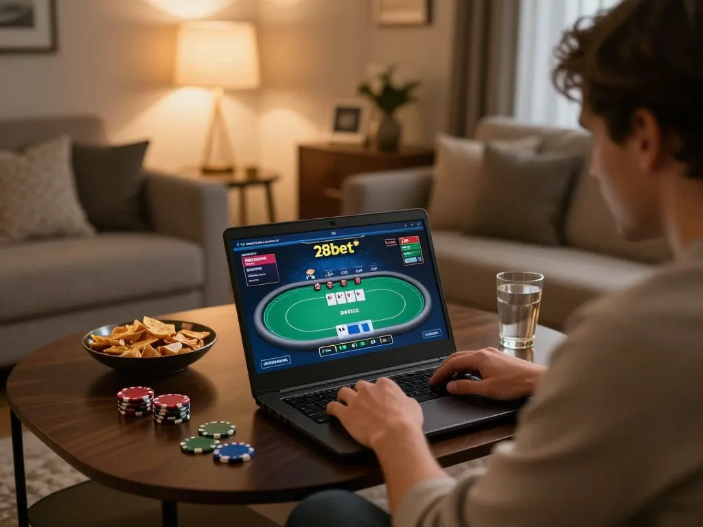 Player enjoying online gambling on 28bets in a cozy home setup with snacks and drinks.