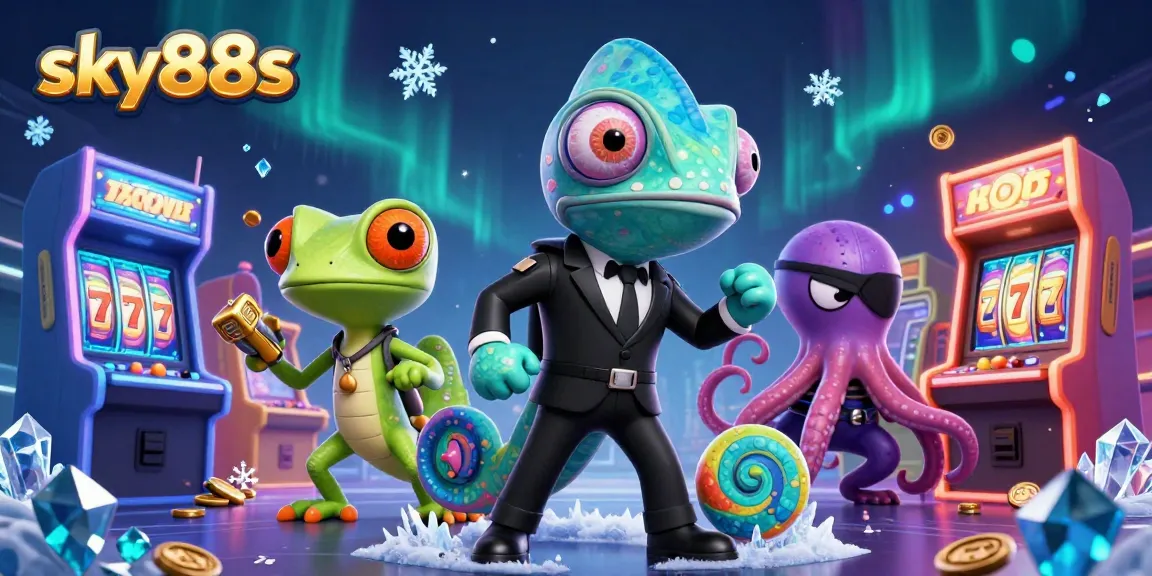 Engage in thrilling slots action with sky88s, featuring vibrant characters and casino symbols.