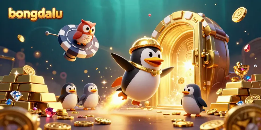 Bongdalu showcases a golden penguin flying to a poker chip casino, surrounded by treasures.