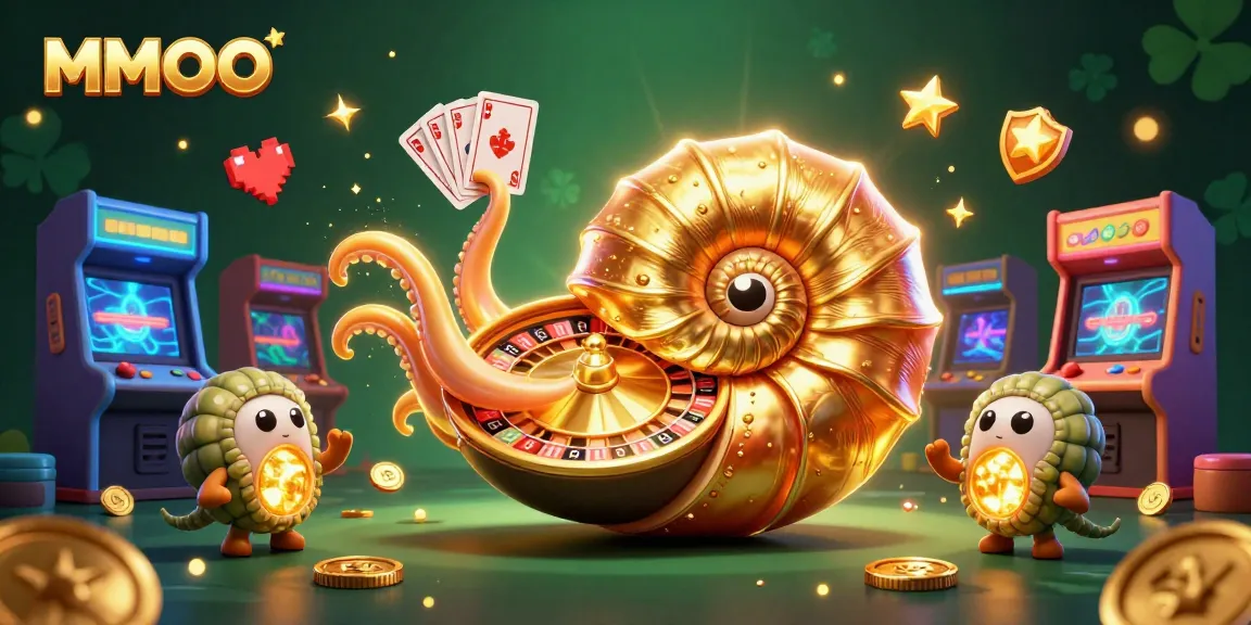 Experience exciting gameplay at MMOO with a vibrant 3D illustration of casino elements and treasures.