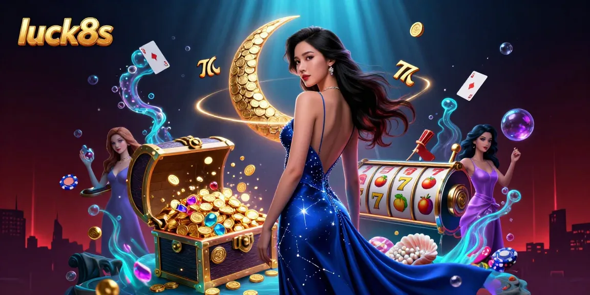 Experience luck8s in a vibrant 3D casino scene featuring a graceful Asian woman amidst gold coins and games.