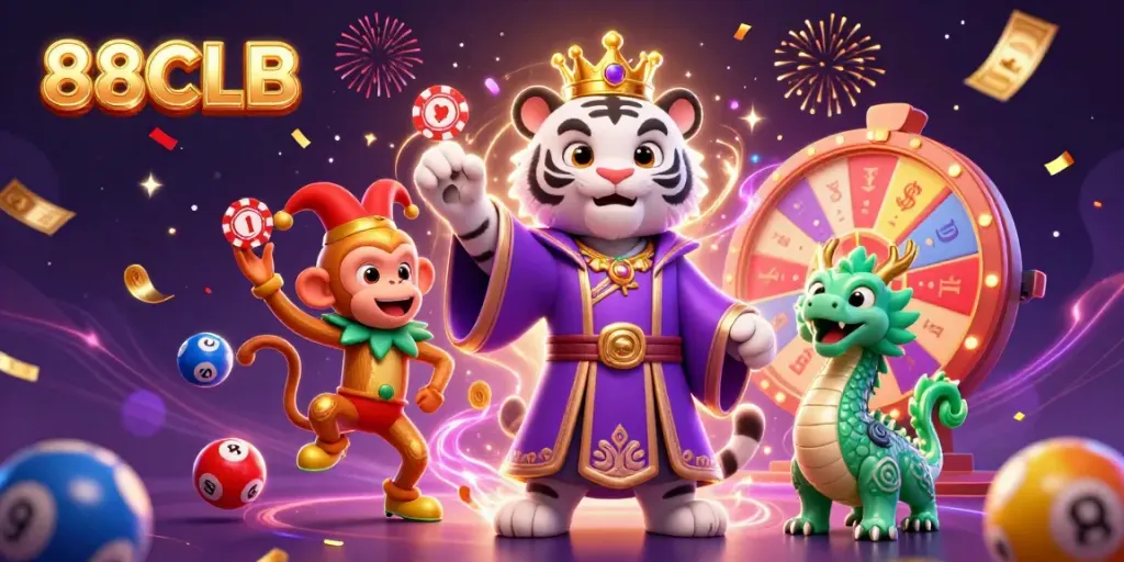 Engage with the vibrant world of 88CLB, where a royal tiger, monkey, and dragon celebrate exciting casino gameplay.