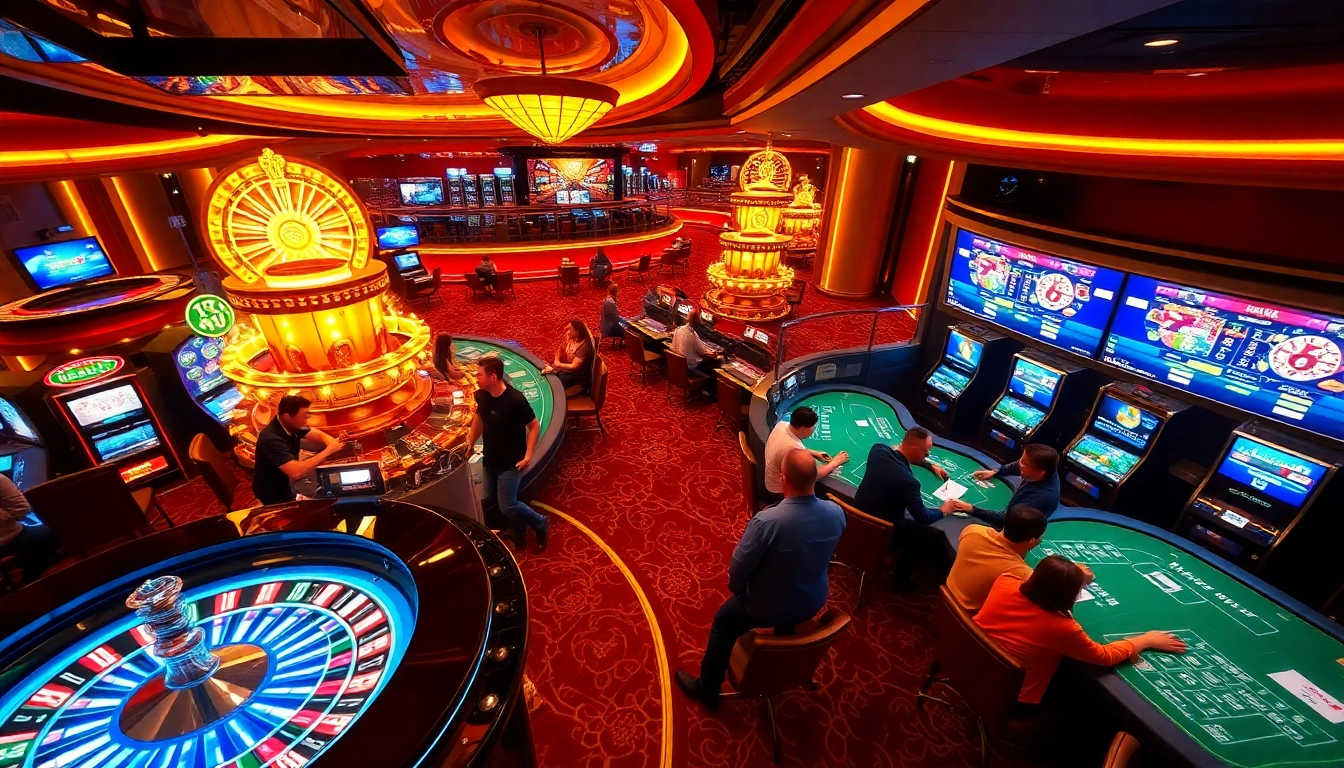 Experience the excitement of rr88 casino with players betting at poker tables and vibrant slot machines.