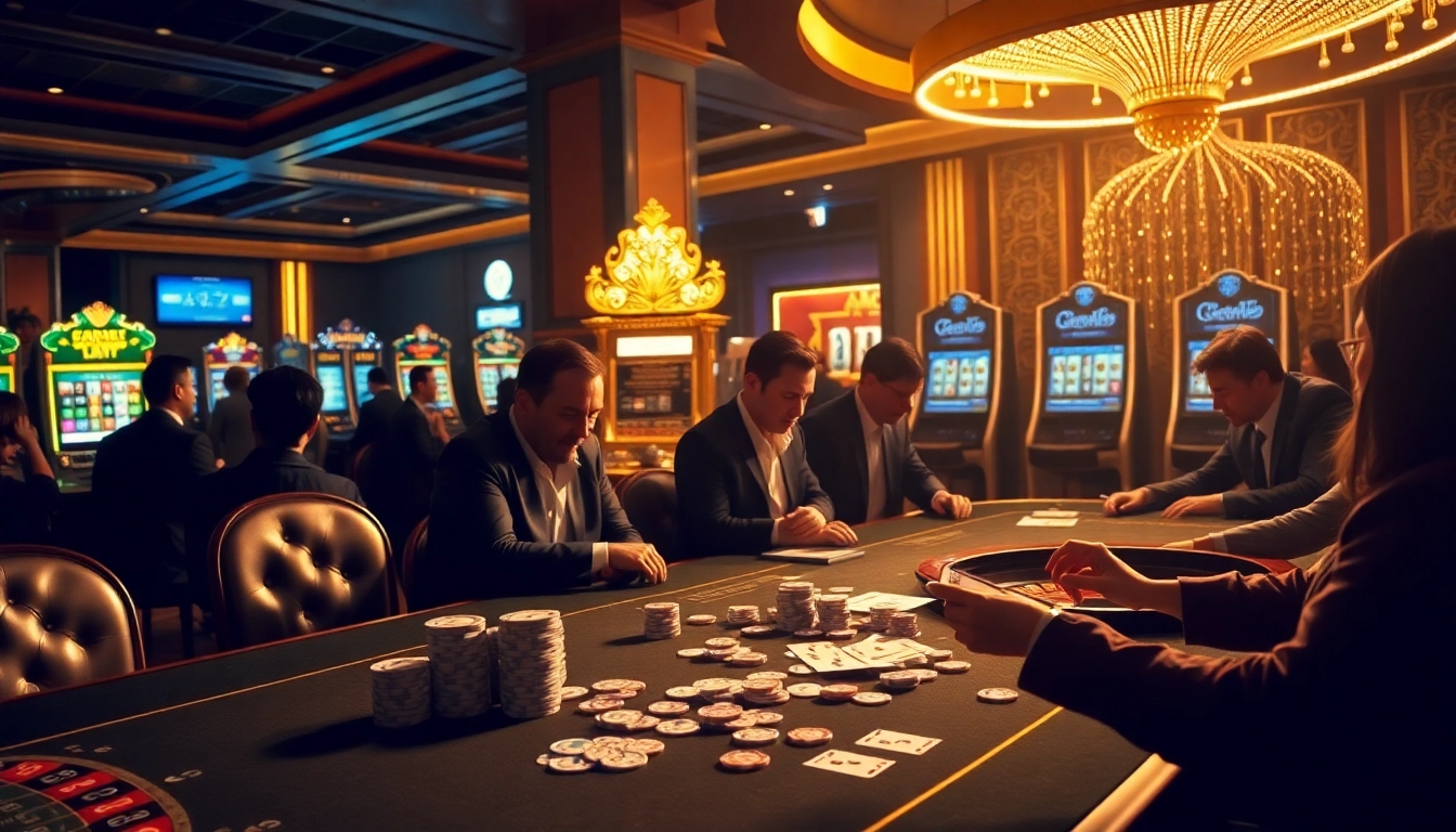 Players enjoying thrilling games at https://i9bet.space/, showcasing excitement in a luxury casino.