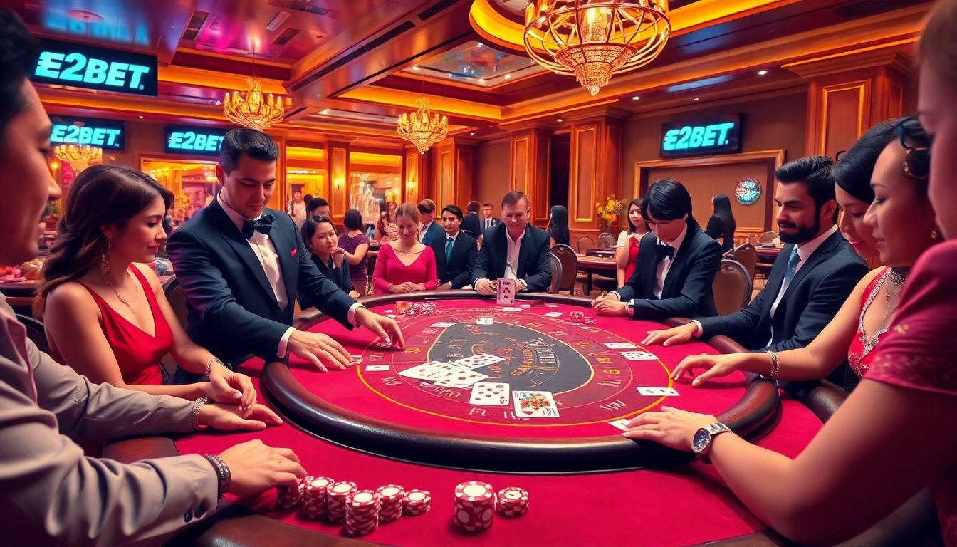 E2BET casino scene featuring players at a blackjack table, highlighting excitement and professionalism.
