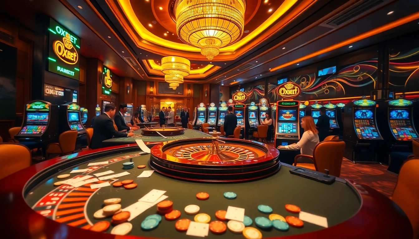 Experience thrilling moments at OXBET's vibrant casino with roulette, slot machines, and poker tables.