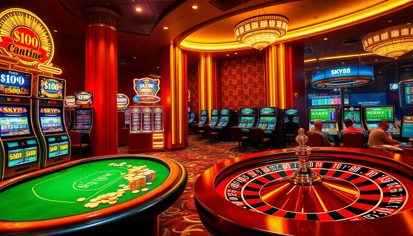Experience the thrill of winning at SKY88 casino with luxurious poker tables and vibrant slot machines.