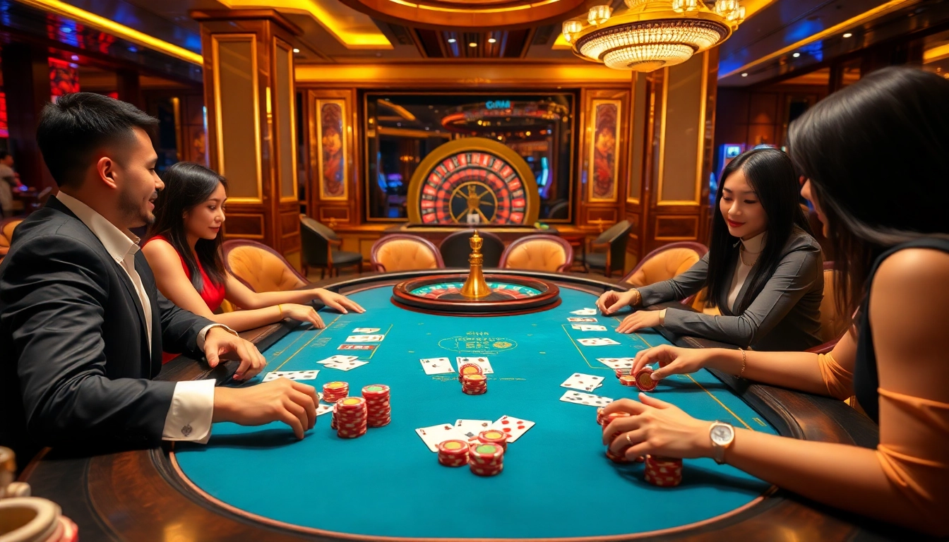 Players enjoying a thrilling poker game at the luxurious Bin88 casino table.
