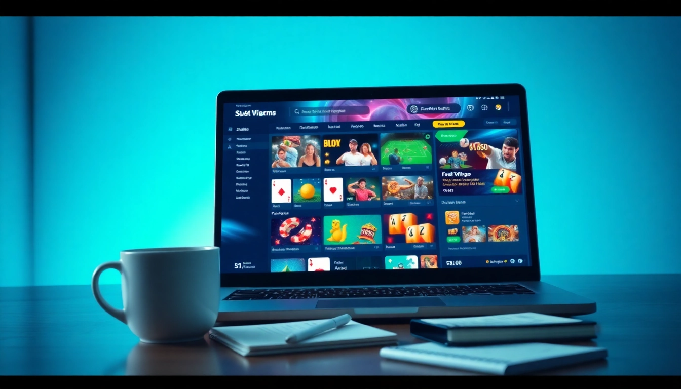 Engaging TTPTP online betting platform interface on a laptop, showcasing poker and slots in a vibrant setting.