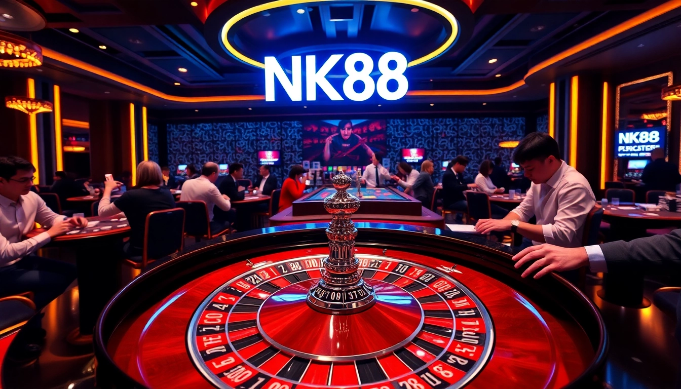 Experience thrilling gameplay at NK88's vibrant casino with roulette, chips, and cards.