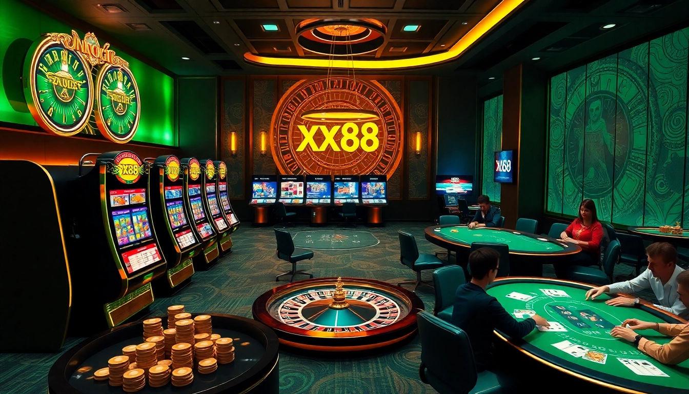 Dynamic gaming atmosphere at nhà cái xx88 showcasing thrilling bets at casino tables and slots.