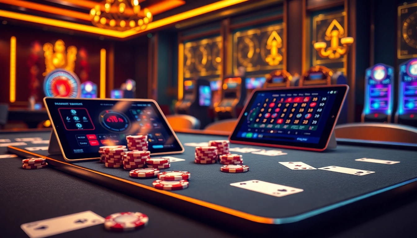 Engaging scene showcasing a luxurious casino table with poker chips and a tablet, highlighting link S8 online gambling interfaces.