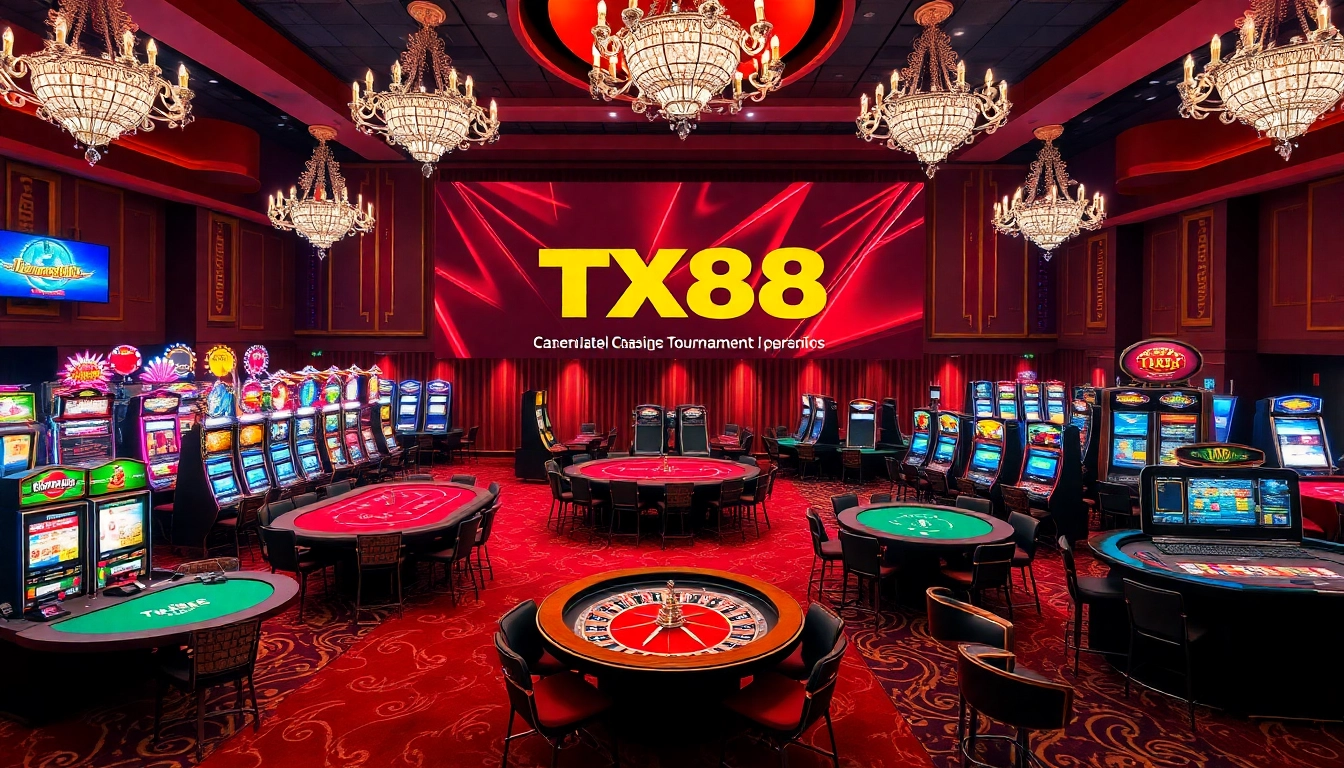 Action-packed TX88 casino scene with poker tables and vibrant slot machines.