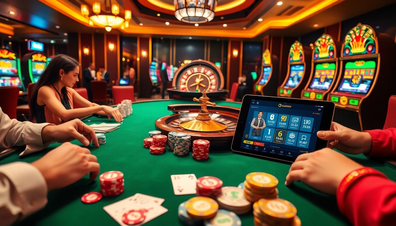 Players enjoy a lively poker game at 23win, showcasing vibrant chips and casino atmosphere.