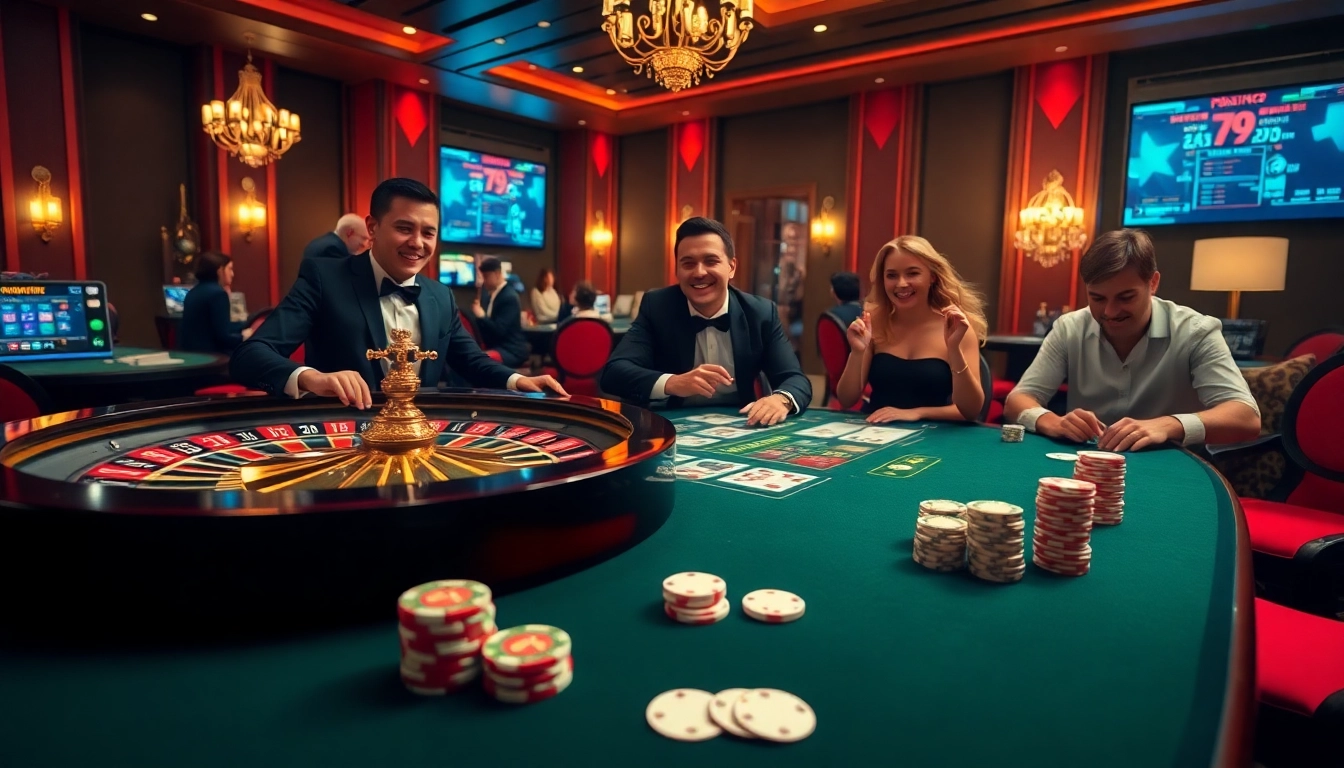 Exciting gambling scene at 79KING with a roulette wheel and enthusiastic players.