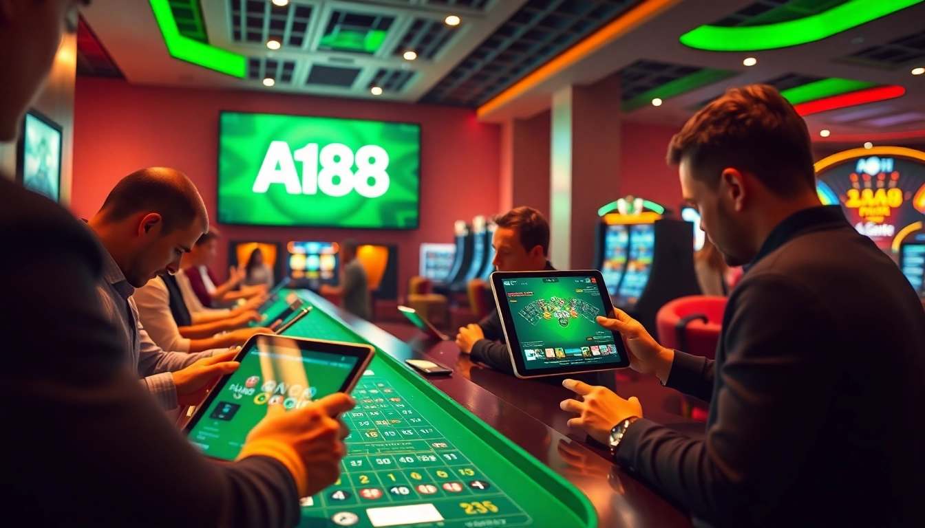 A188 platform showcasing an immersive online casino experience, highlighting user interaction with devices in a vibrant environment.