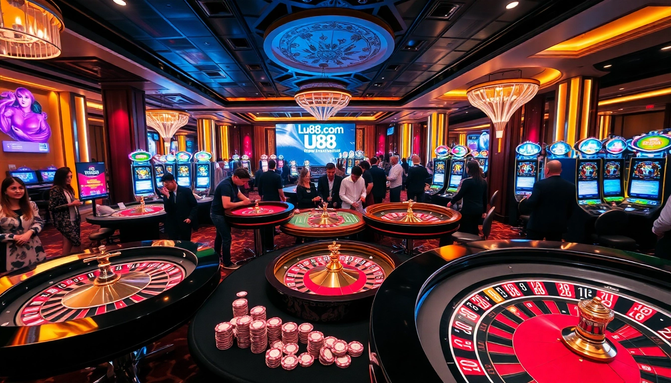 Gamblers enjoying the exciting atmosphere of Lu88.com with roulette and slot machines.