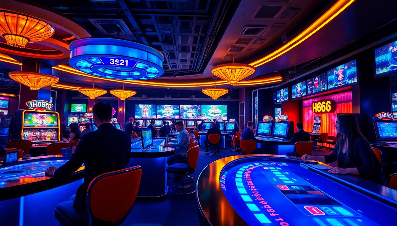Exciting HH666 online casino scene showcasing players and dealers under vibrant lights.