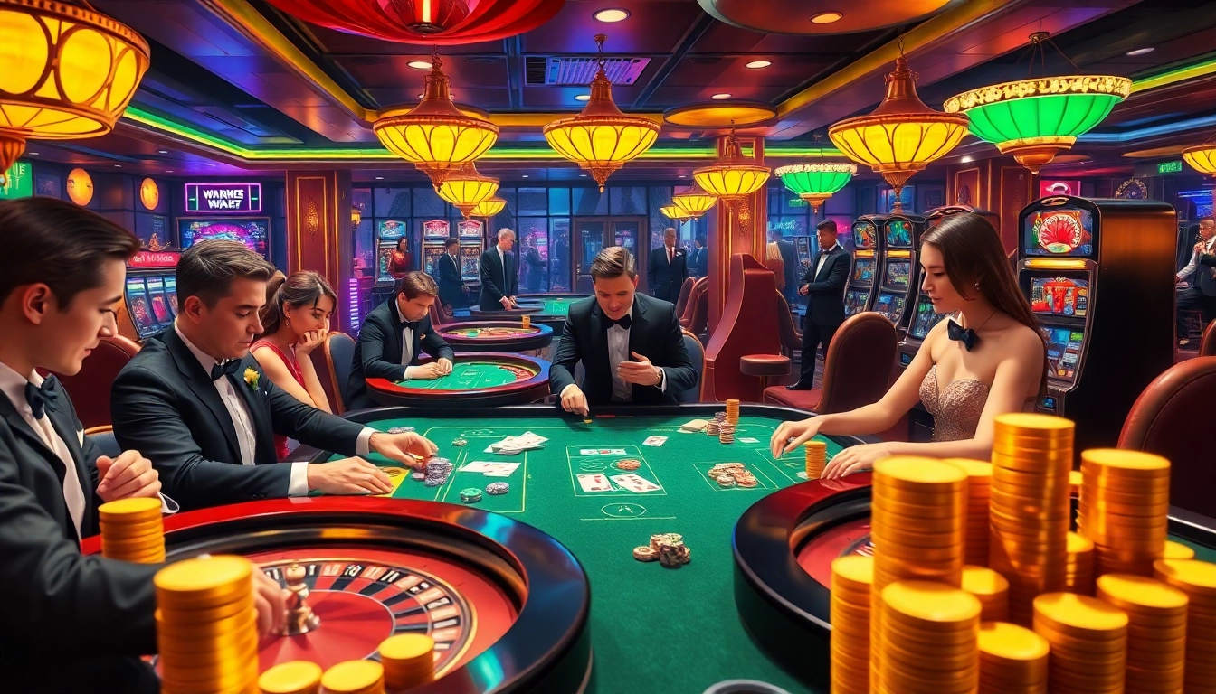 Action-packed casino scene emphasizing nhà cái xx88 with players engaging at poker and slot machines.