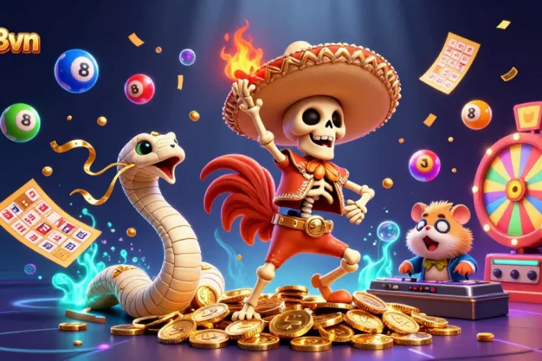 Experience thrilling moments with five88vn's vibrant casino ambiance featuring animated characters and jackpot excitement.