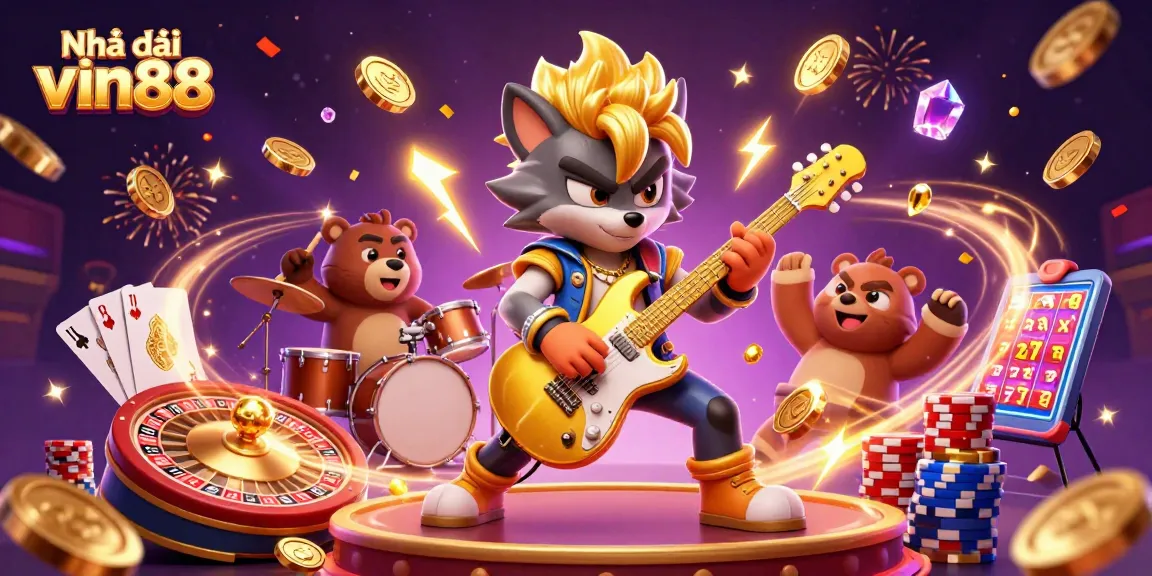 Experience the thrill of Nhà cái vin88 with vibrant characters celebrating gambling success amidst coins and games.