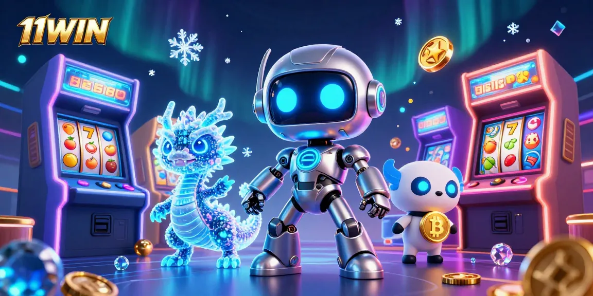 Engage with 11WIN's vibrant casino world featuring fun characters and slot machines.