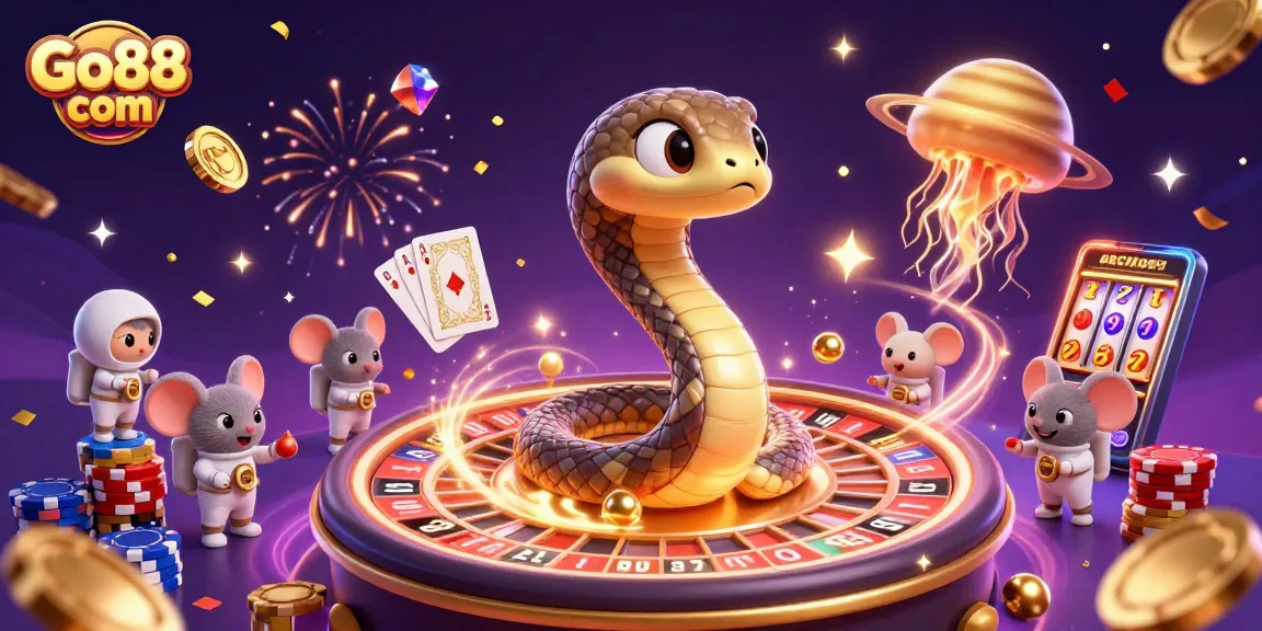Engage with Go88 com's animated cosmic casino featuring vibrant characters and lively gambling elements.