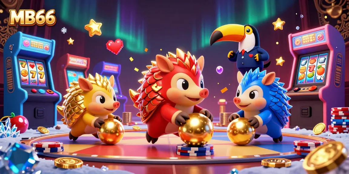 MB66 pangolins compete in a vibrant casino scene, rolling poker chips and golden balls.
