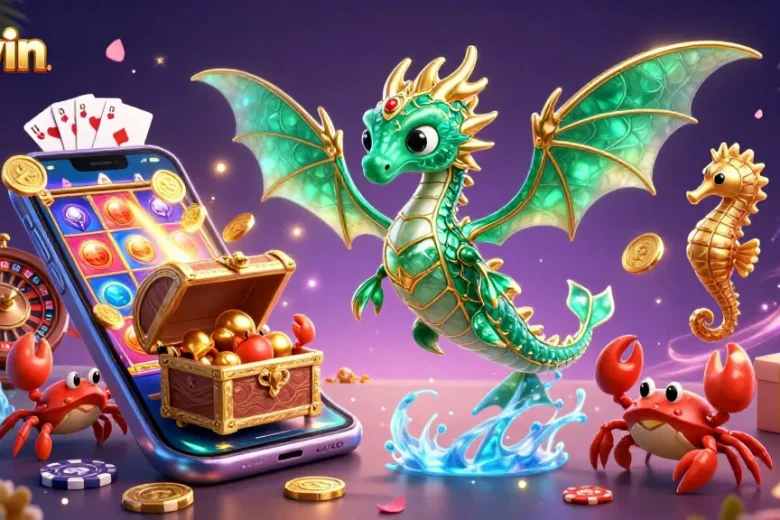 Kuwin players winning big with a sea dragon, treasure chest, and colorful casino elements.