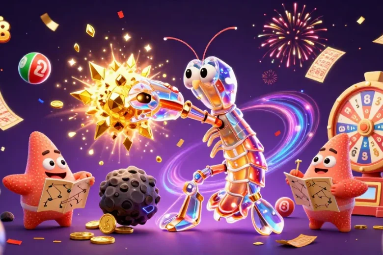 Experience the excitement of qs88 with a galactic samurai shrimp battling through golden treasures in this vibrant casino scene.