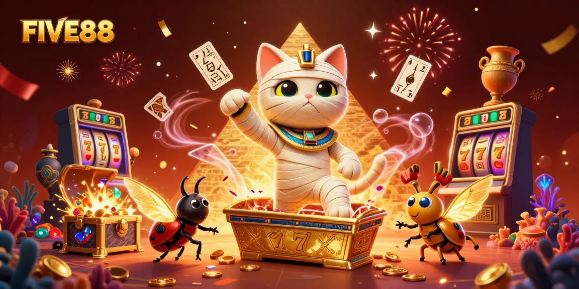Experience thrilling jackpots at FIVE88 with a dazzling scene featuring a mummy cat, golden treasures, and spinning reels.