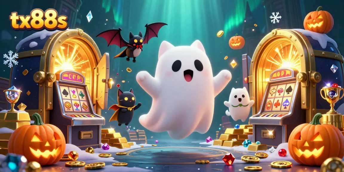 Experience thrilling moments at tx88s with a ghost cat and a vampire bat in a vibrant casino scene.