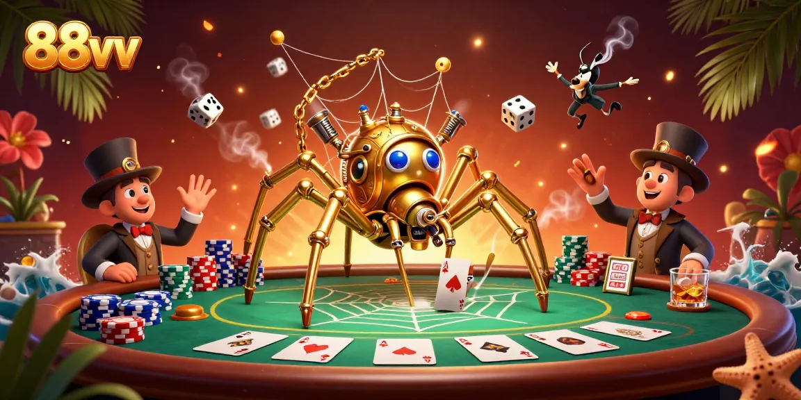 Engaging 88vv scene featuring a steampunk spider and poker elements, capturing gaming excitement.