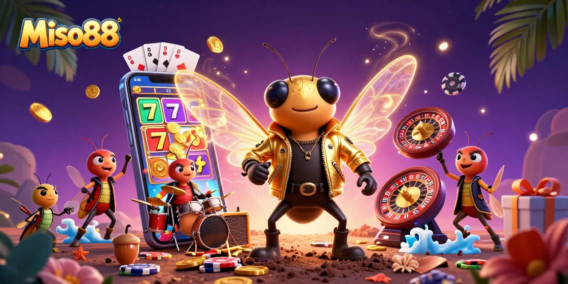 Miso88 brings thrilling gaming excitement with a vibrant 3D illustration of a cicada rock star, drummer, and backup crickets amidst dynamic casino elements.