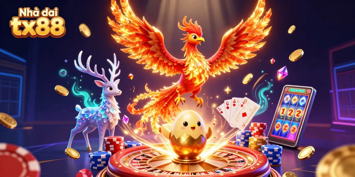 Experience the thrilling world of Nhà cái tx88 with stunning casino visuals, showcasing iconic symbols and vibrant characters.