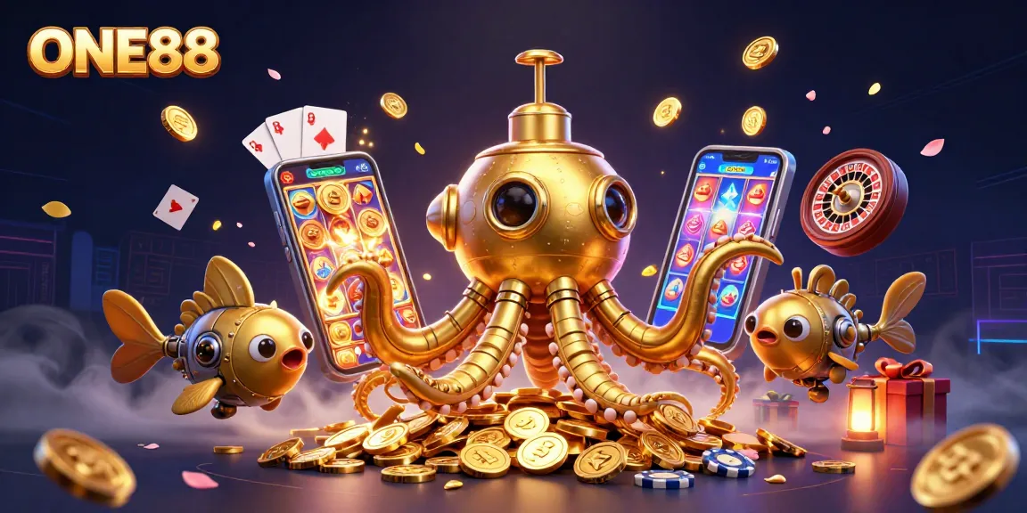Experience the thrill at ONE88 with a golden kraken and vibrant casino elements.