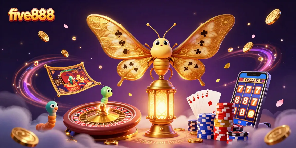 Experience five888's vibrant casino world with a majestic moth showcasing card suits.