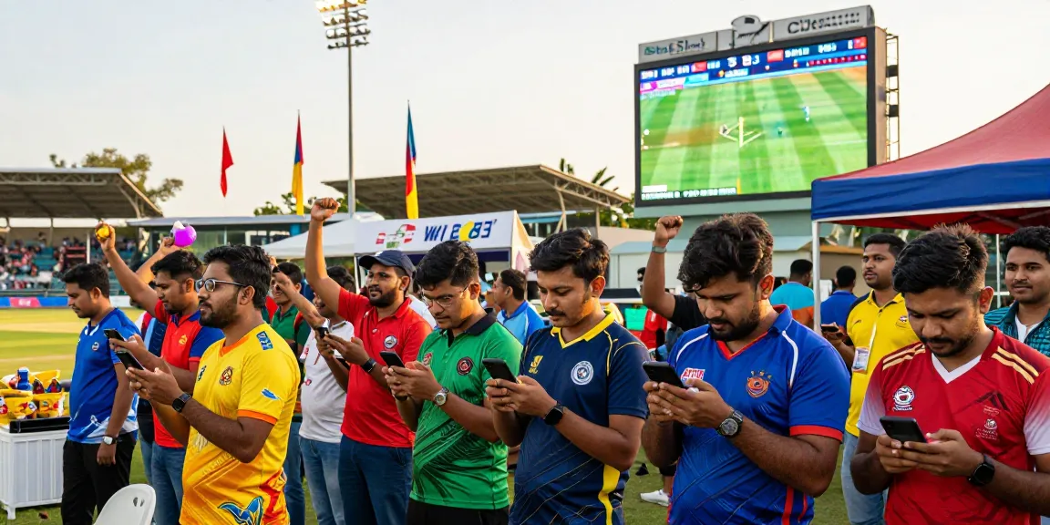 https://www.bdtjl.app/ দিয়ে স্পোর্টস বেটিংয়ে উল্লসিত যুবক-যুবতীরা, রঙ্গিন জামা পড়া, ক্রিকেট মাঠে উদ্দীপনা।
